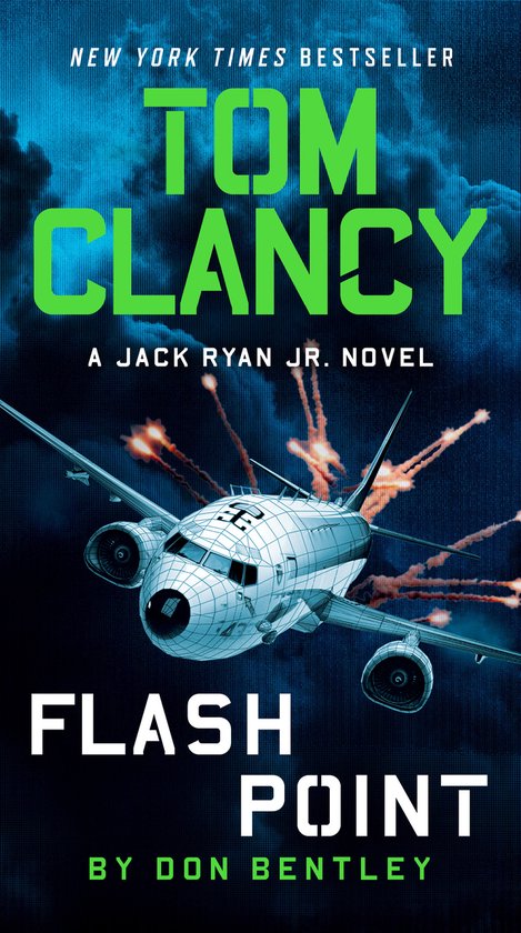 Boekomslag: Een vliegtuig vliegt door een explosieve lucht. "Tom Clancy Flash Point"