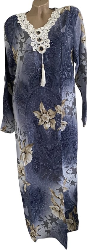 Kaftan/jurk lang gebloemd met borduursel L blauw/beige