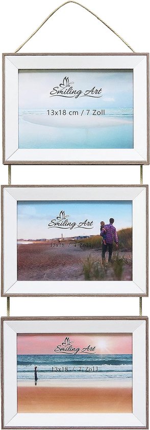 Fotolijst, collage, wandcollage voor 3 foto's, van MDF-hout met echte glasplaten, hangend (bruin + wit, 3x13x18 cm, landschap)