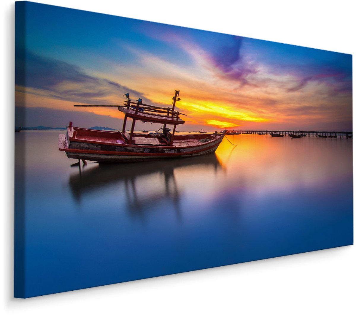 karo-art Schilderij - Boot op een meer bij zonsondergang , Wanddecoratie , Premium print Multikleur