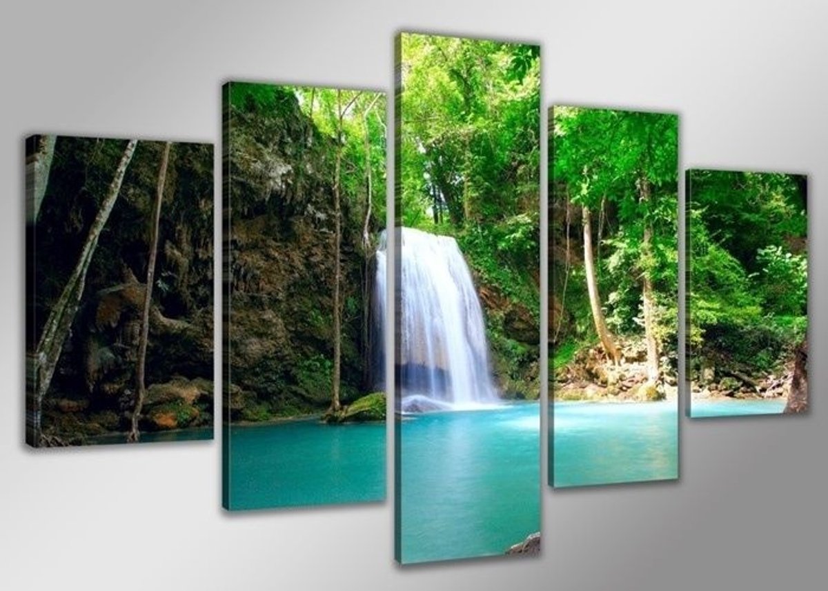 karo-art Schilderij - Paradijs Waterval, Groen, 160X80cm, 5luik Multikleur