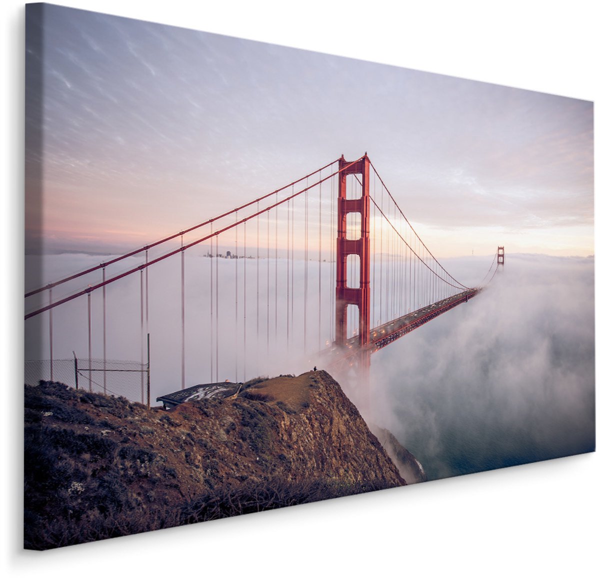 karo-art Schilderij - Golden Gate Bridge in de mist, multi-gekleurd, 4 maten, premium print Multikleur