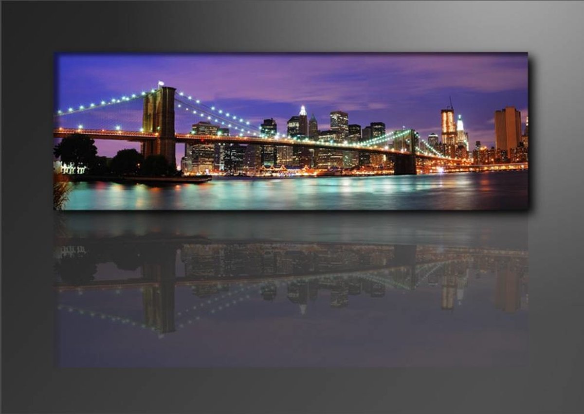 karo-art Schilderij - New York Brug, Paars/Blauw, 120X40cm, 1luik Multikleur