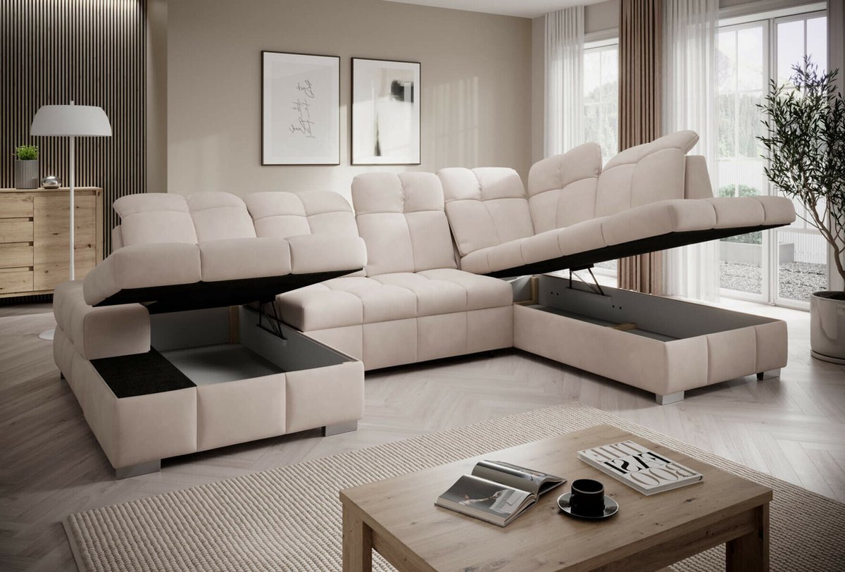 hoekbank prestige U links- beige- dubbele opbergruimte- bedfunctie- hoeksalon met dubbele opbergruimte en slaapfunctie- seatsandbeds