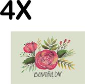 BWK Textiele Placemat - Getekende Roos - Beautiful Day - Groen met Rood - Set van 4 Placemats - 40x30 cm - Polyester Stof - Afneembaar