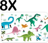 BWK Flexibele Placemat - Dino - Dinosaurus - Getekend - Vrolijk - Voor Kinderen - Set van 8 Placemats - 45x30 cm - PVC Doek - Afneembaar
