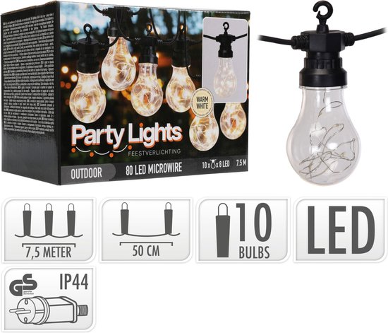 Feestverlichting voor de Tuin - 450cm verlicht- 80 LED- 10 x Bol met 8 x MicroLed per Bol- warm wit