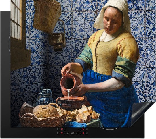 KitchenYeah® Inductie beschermer 60x52 cm - Melkmeisje - Delfts Blauw - Vermeer - Schilderij - Oude meesters - Kookplaataccessoires - Afdekplaat voor kookplaat - Inductiebeschermer - Inductiemat - Inductieplaat mat