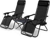 Set de 2 Chaises longues d'extérieur - Pliables avec table d'appoint et porte-gobelet - Bain de soleil avec appui-tête amovible - Charge maximale 120 kg - Couleur : Zwart
