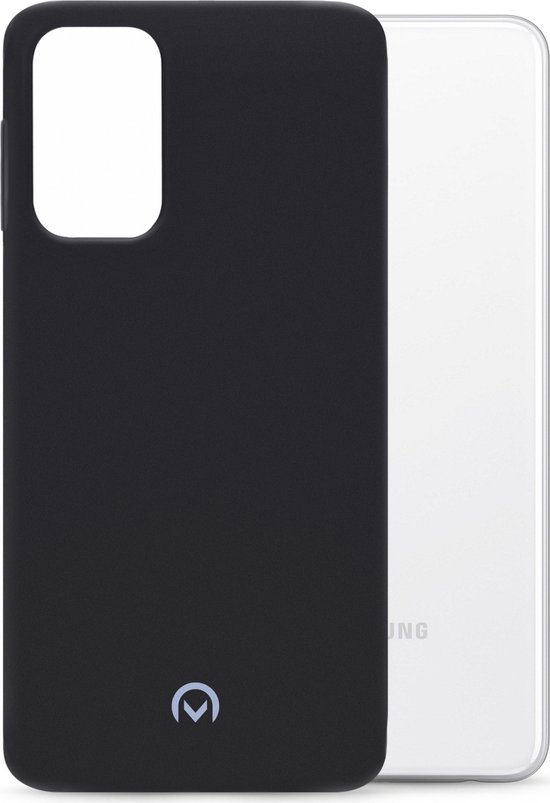 Coque de téléphone noire avec une découpe pour l'appareil photo et un logo, à côté d'un téléphone transparent.