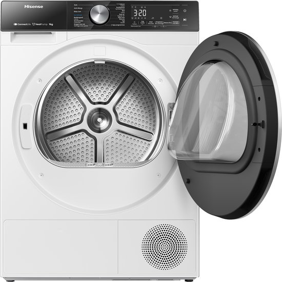 Witte Hisense wasdroger met open deur en trommel.