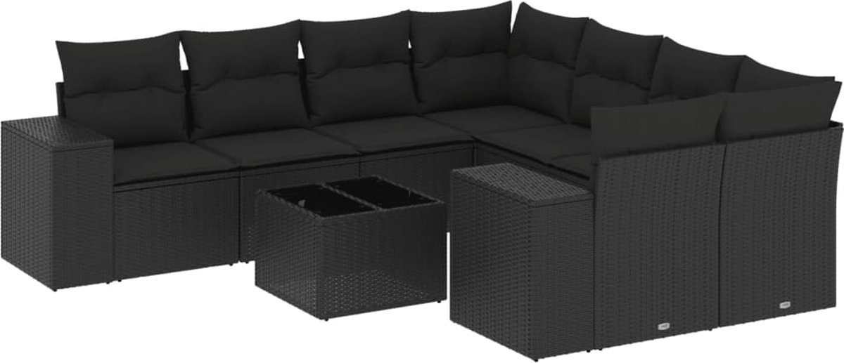 vidaXL 9-delige - Loungeset - met - kussens - poly - rattan - zwart