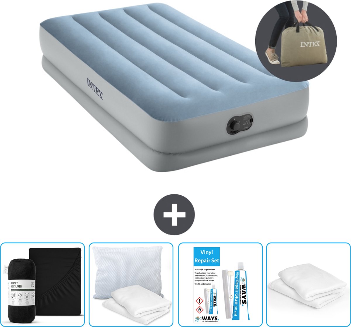 Intex Luchtbed - 1-Persoons - 99 x 191 x 36 cm - Blauw/Grijs - Inclusief pomp - Hoeslaken - Kussen - Reparatieset en Kussenbeschermer