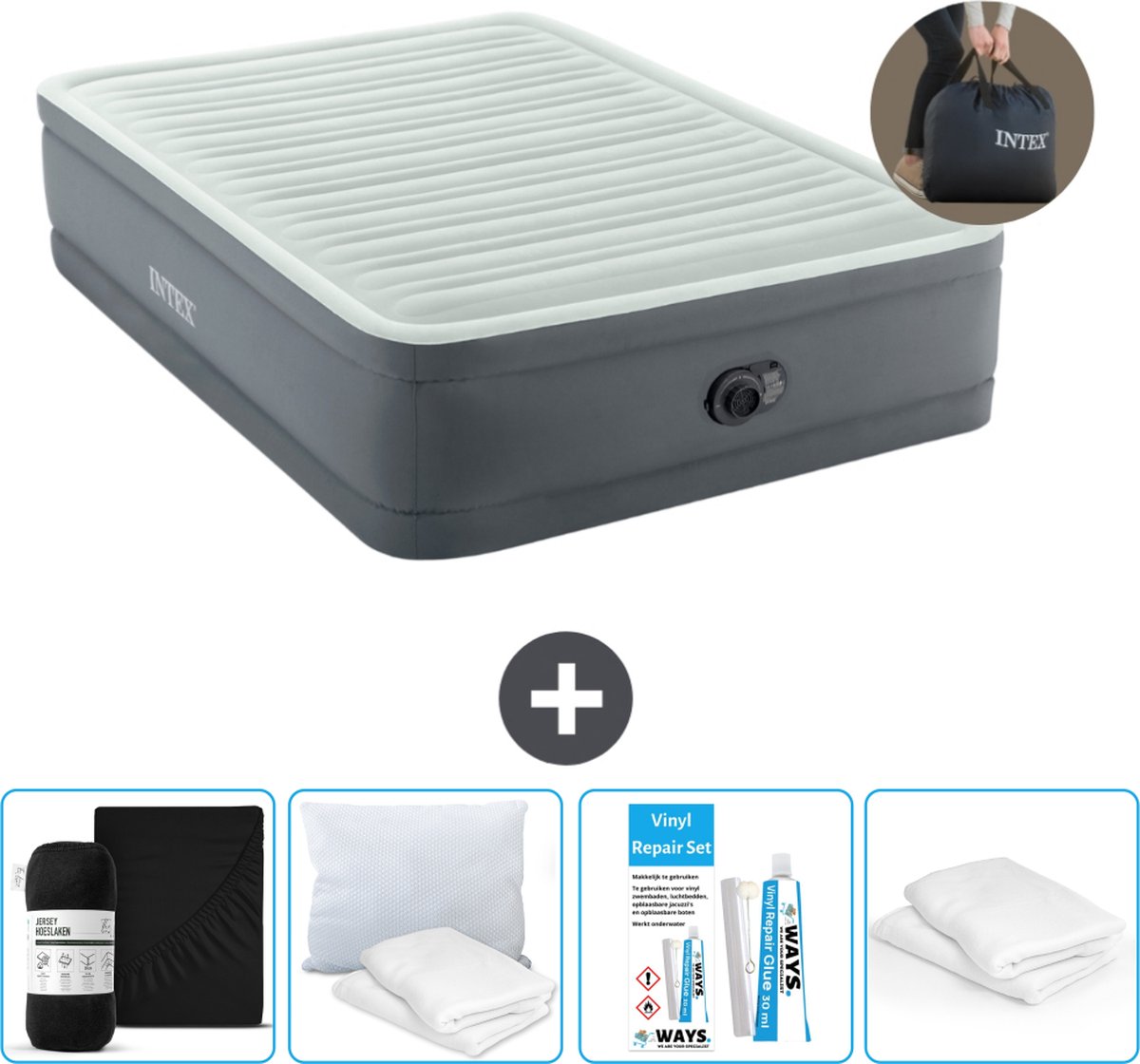 Intex Luchtbed - Twijfelaar - 137 x 191 x 46 cm - Grijs - Inclusief pomp - Hoeslaken - Kussen - Reparatieset en Kussenbeschermer