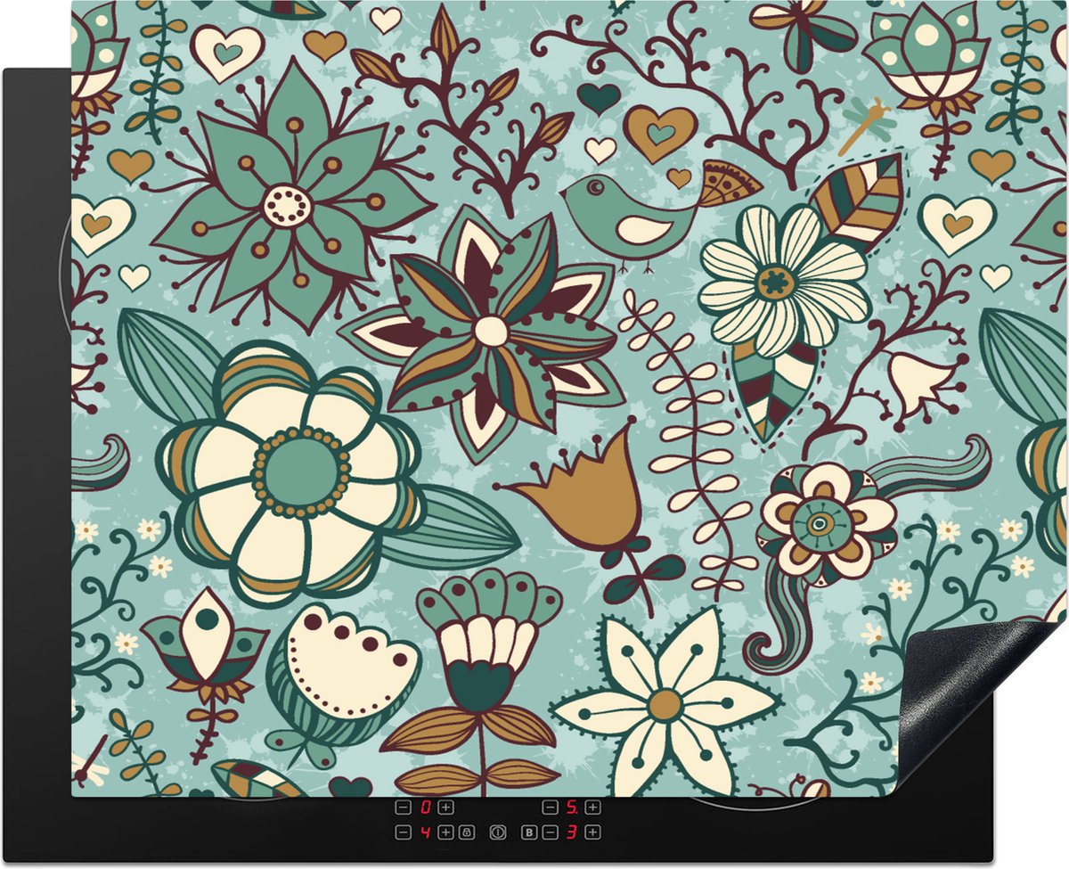 KitchenYeah® Inductie beschermer 65x52 cm - Bohemian - Winter - Bloemen - Patroon - Kookplaataccessoires - Afdekplaat voor kookplaat - Inductiebeschermer - Inductiemat - Inductieplaat mat