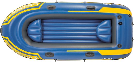 Top view van een blauwe Intex Challenger 3 boot met gele accenten.