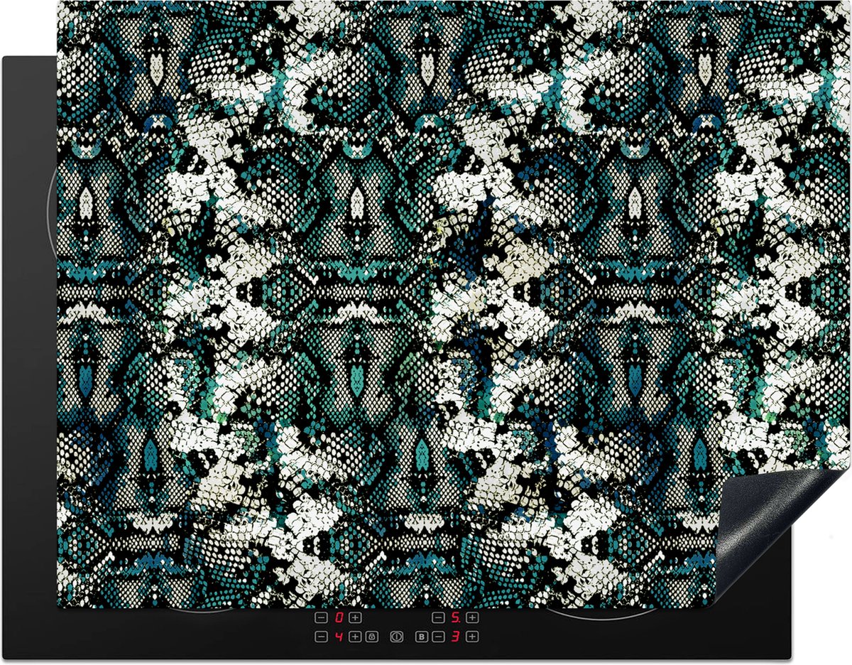 KitchenYeah® Inductie beschermer 77x59 cm - Dierenprint - Wit - Turquoise - Schubben - Kookplaataccessoires - Afdekplaat voor kookplaat - Inductiebeschermer - Inductiemat - Inductieplaat mat