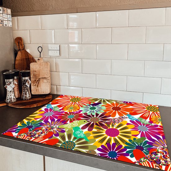 KitchenYeah® Inductie beschermer 77x59 cm - Regenboog - Bloemen - Patronen - Hippie - Kookplaataccessoires - Afdekplaat voor kookplaat - Inductiebeschermer - Inductiemat - Inductieplaat mat