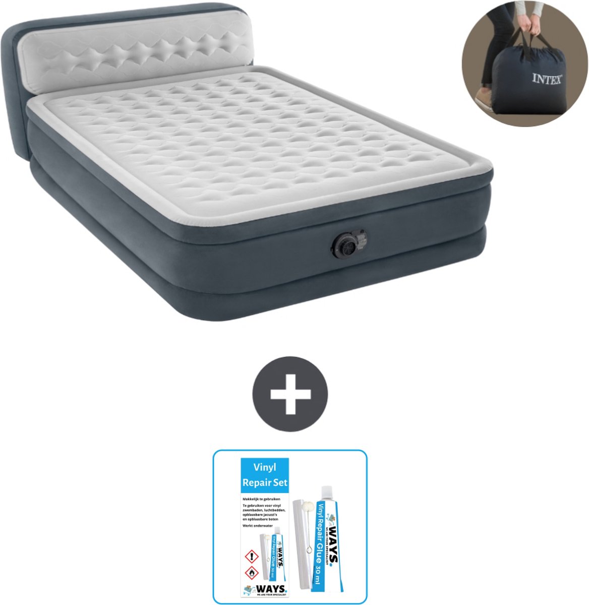 Intex Luchtbed - 2-Persoons - 152 x 236 x 86 cm - Grijs - Inclusief pomp - Reparatieset