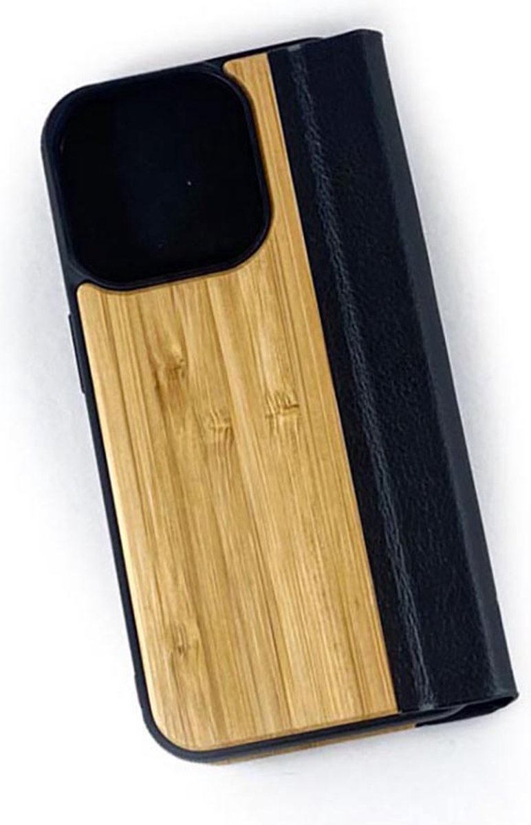 Houten design flip case, iPhone 15 Pro – Bamboe met zwart leer