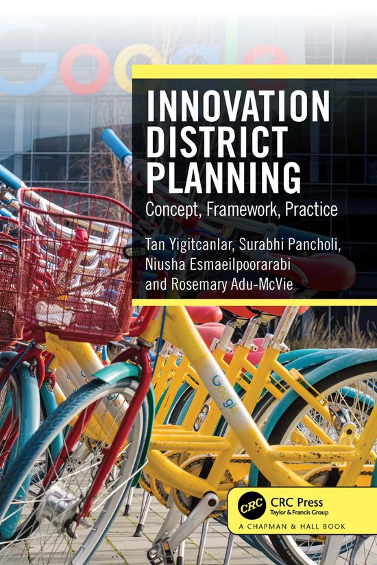 Boek 'Innovation District Planning', met op de voorgrond een rij gele en rode Google-fietsen.