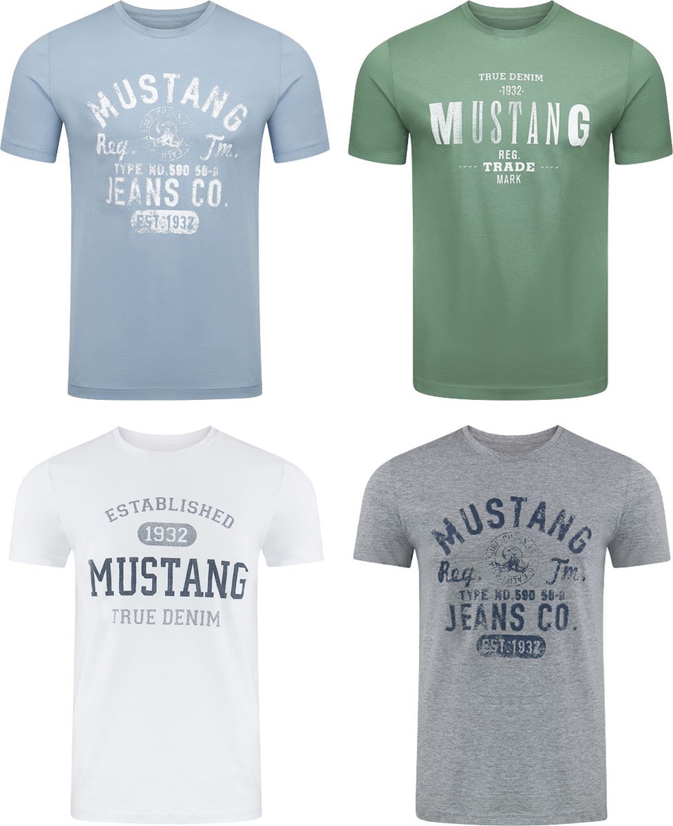 Mustang Heren T-Shirt 4-pack Mustang heren-T-shirt regular fit Veelkleurig M Ronde Hals Volwassenen Opdruk Print Shirts