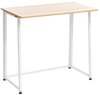 Houten bureau met wit metalen frame. De tafel is inklapbaar en heeft een rechthoekig, lichtgekleurd blad.