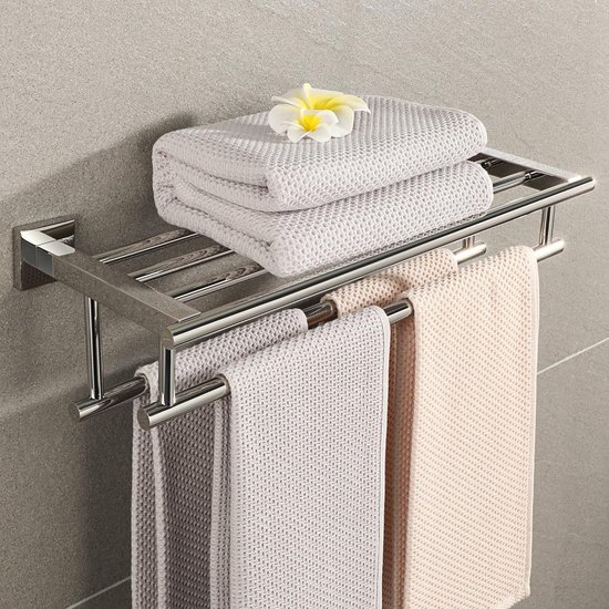 SAYAYO Handdoekenrek Wandmontage 60CM Dubbele Handdoekplank voor Badkamer Handdoekhouder van SUS304 Roestvrij Stalen Handdoekstang Geborsteld, EGZ8000 -LS