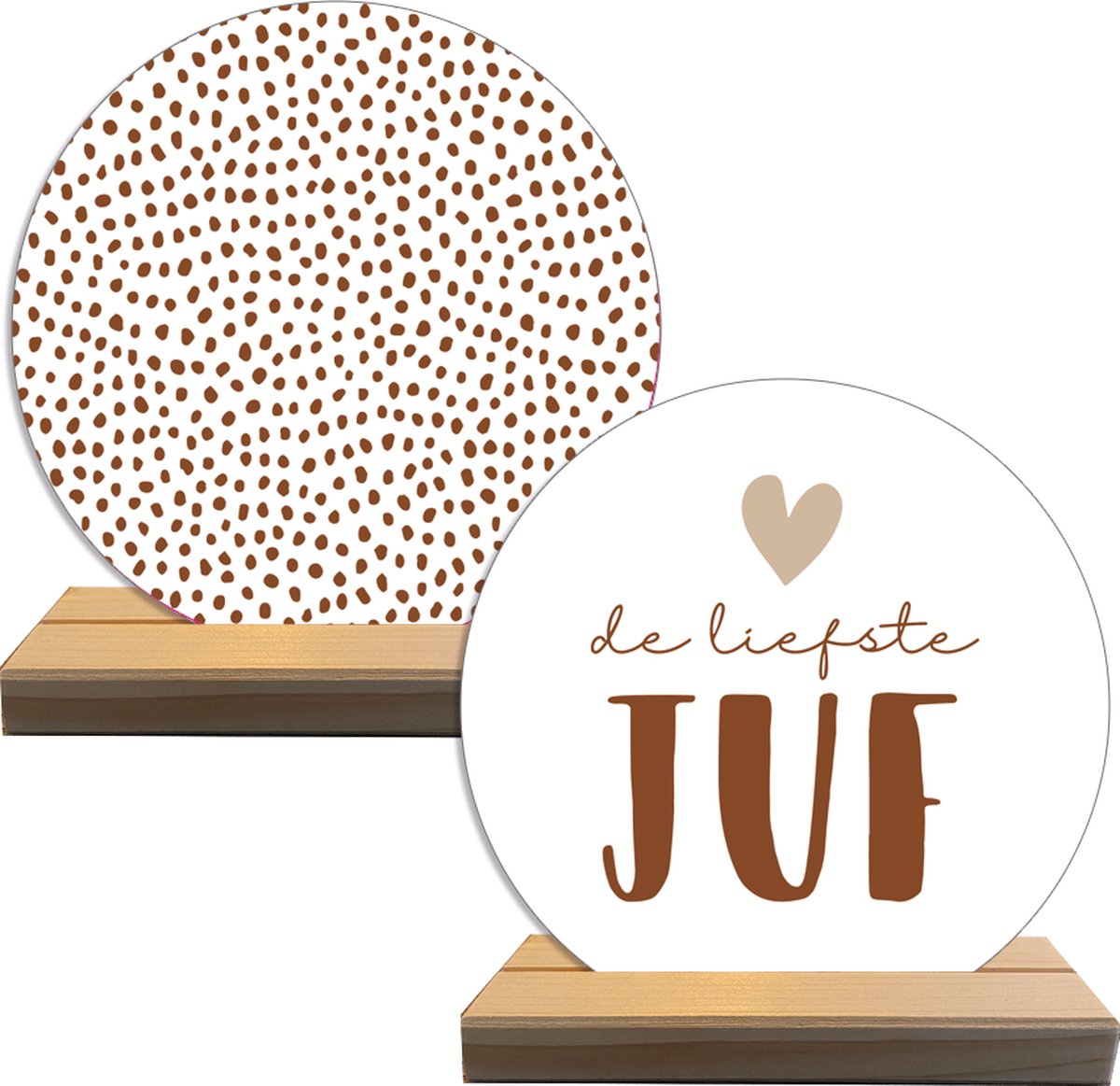 Label2X - Wensmomentje De Liefste Juf Stipjes - Wit/Terracotta - 15cm - Houten Houder 15cm