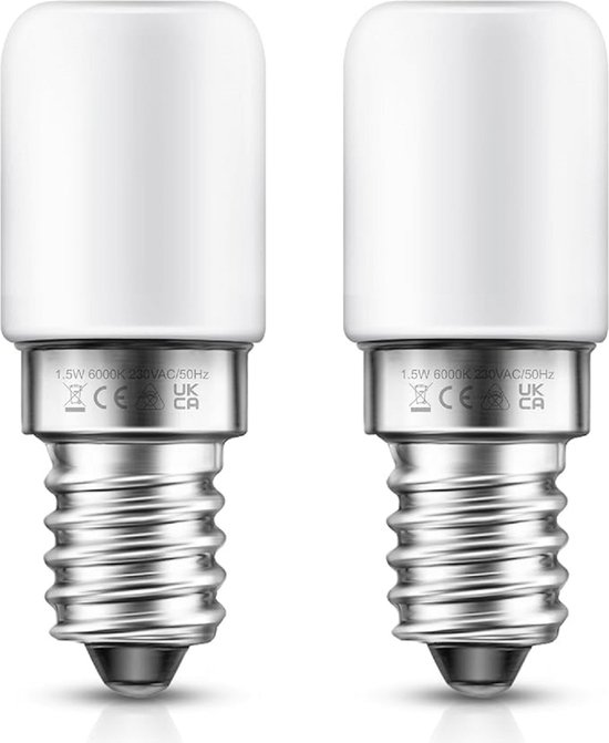 koelkastlamp, E14-ledlampen, 1,5 W vervanging voor 15 W halogeenlampen, koudwit 6000 K, 135 lm, 360 graden kijkhoek, led-koelkastlamp, ledlampen, 220-240 V AC, 2 stuks