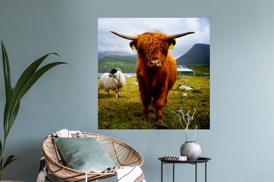 Muurstickers - Sticker Folie - Schotse hooglander - Licht - Schapen - 100x100 cm - Plakfolie - Muurstickers Kinderkamer - Zelfklevend Behang XXL - Zelfklevend behangpapier - Stickerfolie