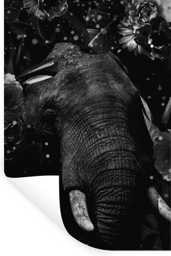Muurstickers - Sticker Folie - Botanische olifant met lichtbollen op verduisterde achtergrond - zwart wit - 20x30 cm - Plakfolie - Muurstickers Kinderkamer - Zelfklevend Behang - Zelfklevend behangpapier - Stickerfolie