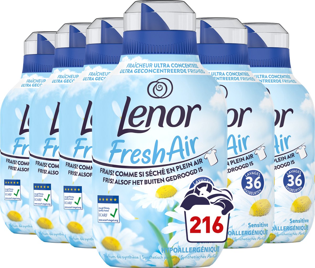 Goedkoopste Lenor Fresh Air Wasverzachter - Gevoelige Huid Hypoallergeen - 6 x 36 Wasbeurten - Voordeelverpakking