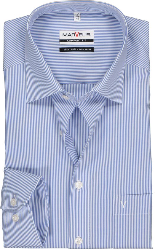 MARVELIS comfort fit overhemd - blauw met wit gestreept - Strijkvrij - Boordmaat: 48