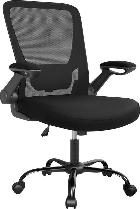 Chaise de bureau Ergonomique - Chaise de bureau avec accoudoirs pliants, - Base en métal - avec - Roues - Chaise rotative à 360° - Support lombaire réglable - Gain de place - noir- Wit