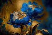 Canvas - abstract landscape with blue peonies in gold. Afmeting 150x100cm