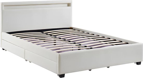 Bed met opbergruimte - 160x200cm - Wit kunstleer met LEDs - ALOIS L 216 cm x H 85 cm x D 170 cm