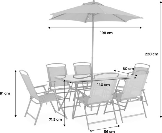 Afmetingen van een grijze tuinset met tafel, zes stoelen en parasol.