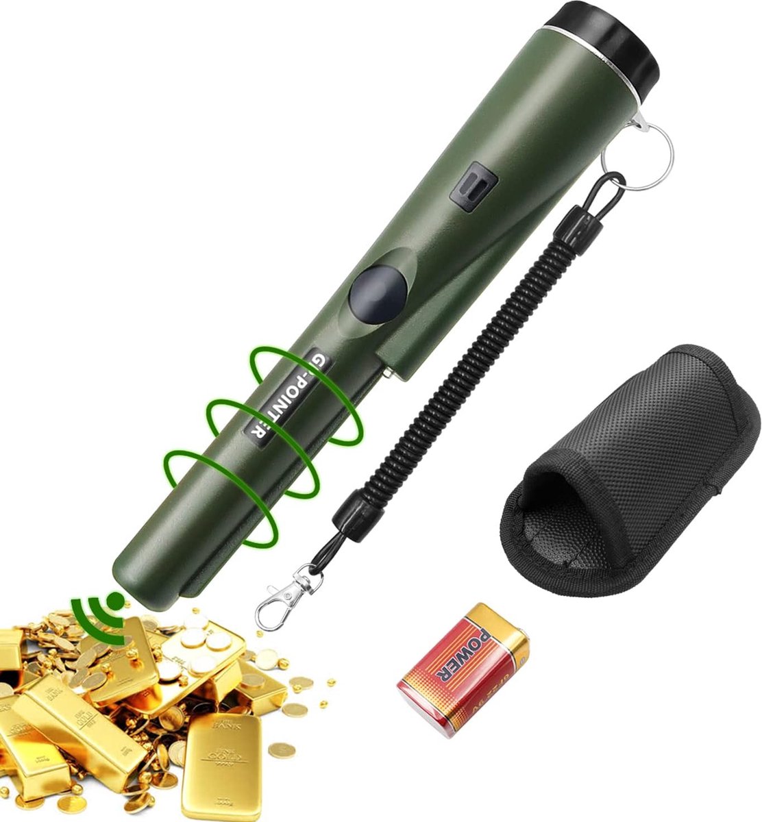 Draagbare Metaaldetector - 360° Scannende Metaaldetector - IP66 Waterdichte Metaalpinpointer - Ingebouwde LED-indicator/Alarmlamp/9V Batterij voor het Zoeken naar Gouden Munten en Sieraden (Zwart)