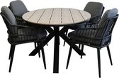 5-delige tuinset | 4 Isabel tuinstoelen (Black) | 180cm ovale Cyprus tuintafel (Wood)