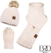 BRD Winter set voor volwassenen crème - gevoerde muts met pompon, sjaal en handschoenen