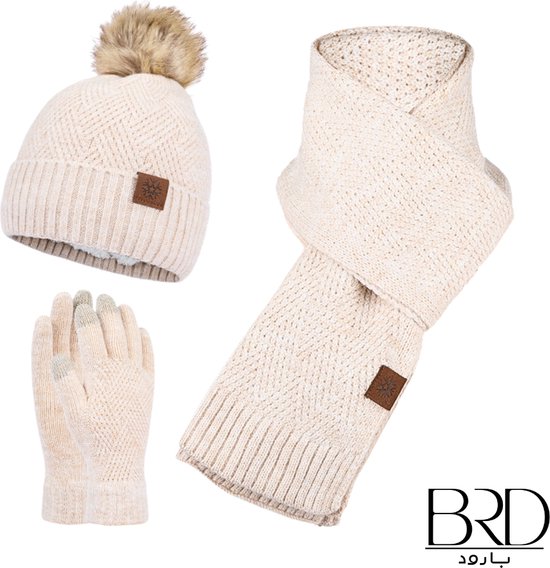 BRD® Winter | set voor volwassenen crème - gevoerde muts met pompon, sjaal en handschoenen