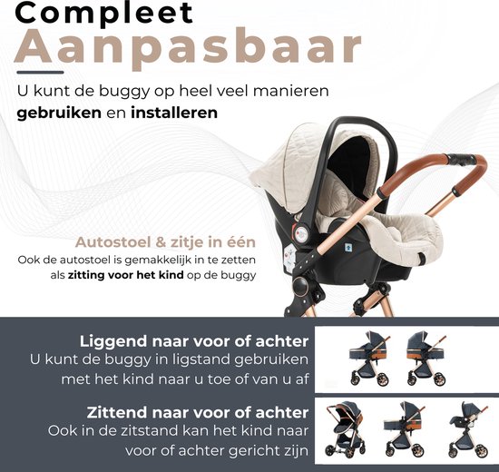 Beige kinderwagen met goudkleurig frame en bruine accenten, met de autostoel erop gemonteerd in verschillende posities.