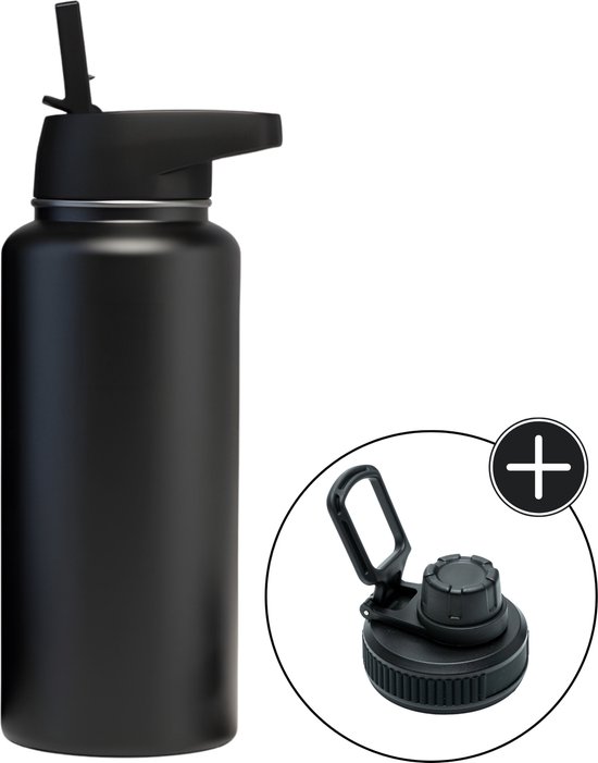 Bidon - Onyx Black - 1 Liter - Gratis Extra Dop Met Rietje & Drinktuit - Bidon Met Rietje - Isoleerfles - BPA vrij - Lekvrij - Bidon 1 liter