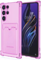Schokbestendig TPU Hoes Kaarthouder Geschikt voor: Samsung Galaxy S22 Ultra - Roze - Hoesje met Achterkant Pasjeshouder