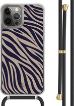Casimoda® hoesje met zwart koord - Geschikt voor iPhone 12 Pro - Chevron Navy - Afneembaar koord - TPU/polycarbonaat - Blauw