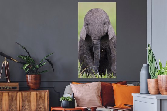 Muurstickers - Sticker Folie - Olifant - Baby - Dieren - Gras - Natuur - 60x120 cm - Plakfolie - Muurstickers Kinderkamer - Zelfklevend Behang - Zelfklevend behangpapier - Stickerfolie