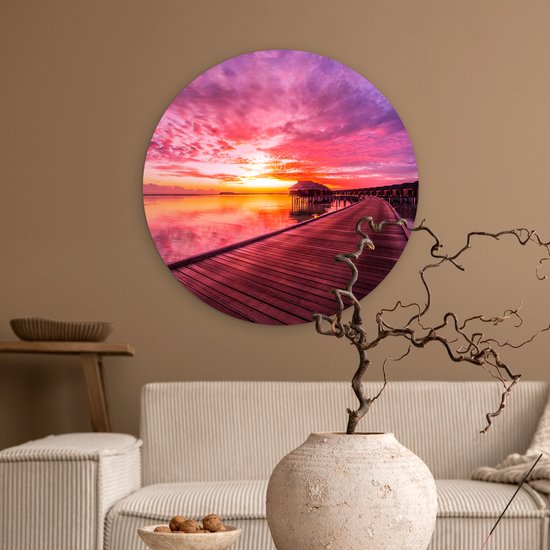Cercle mural - Cercle mural - Jetée - Horizon - Rose - Soleil - Mer - Plastique - Tableaux ronds - 60x60 cm - Décoration murale ronde - Décoration murale ronde