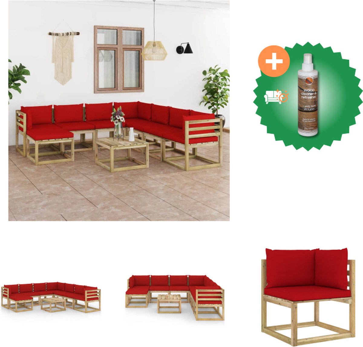 VidaXL Pallet Loungeset Hoekbank 64x64x70 cm Middenbank 60x64x70 cm Tafel Voetenbank 60x60x36.5 cm Rood kussen Tuinset Inclusief Houtreiniger en verfrisser