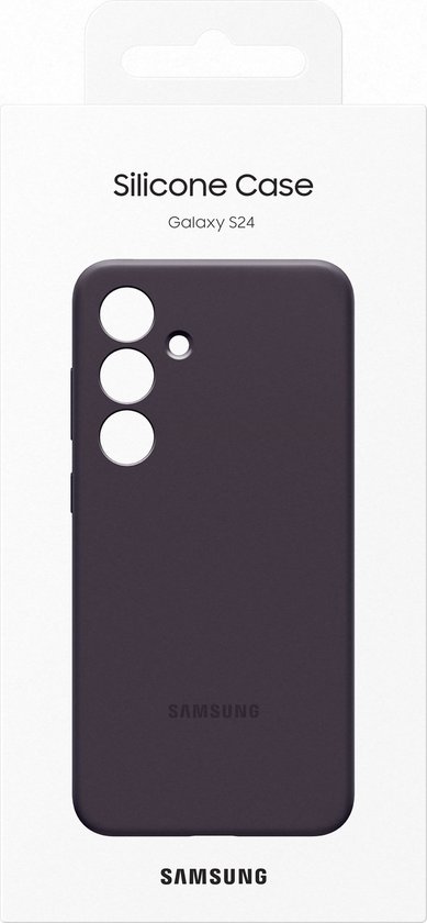 Verpakking van de Samsung siliconen hoes voor Galaxy S24 in donkerpaars.